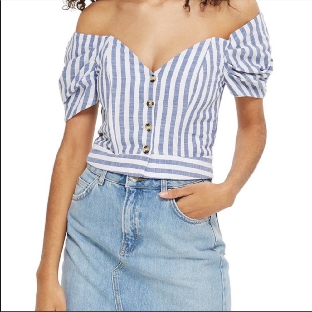 Topshop Blue and White Striped Off-Shoulder Crop Top